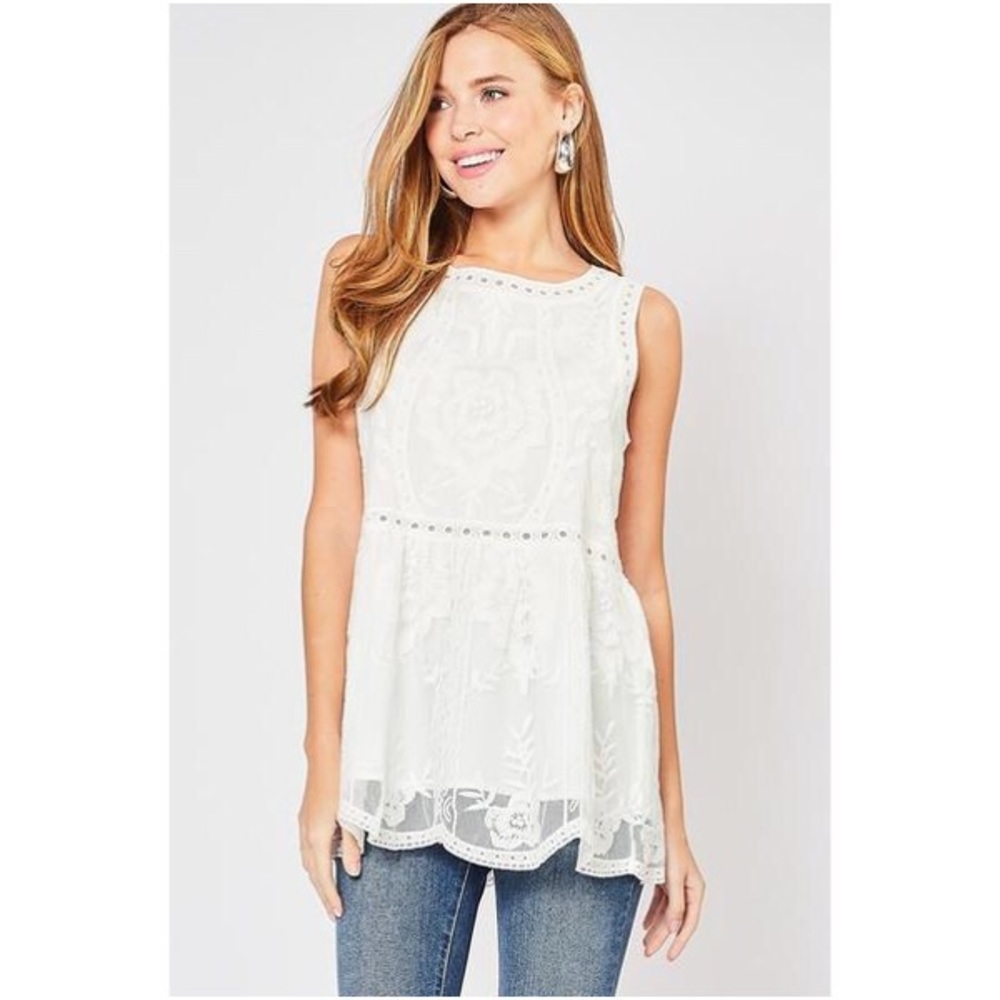 White lace embroidered sleeveless top